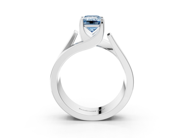 Platinum Modern Tension Set Fancy Blue Emerald Cut Diamond Solitaire Wide Band Ring