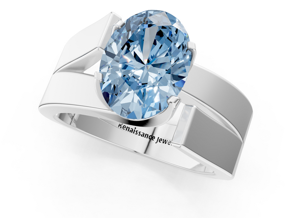 Platinum Modern Tension Set Fancy Blue Oval Cut Diamond Solitaire Wide Band Ring