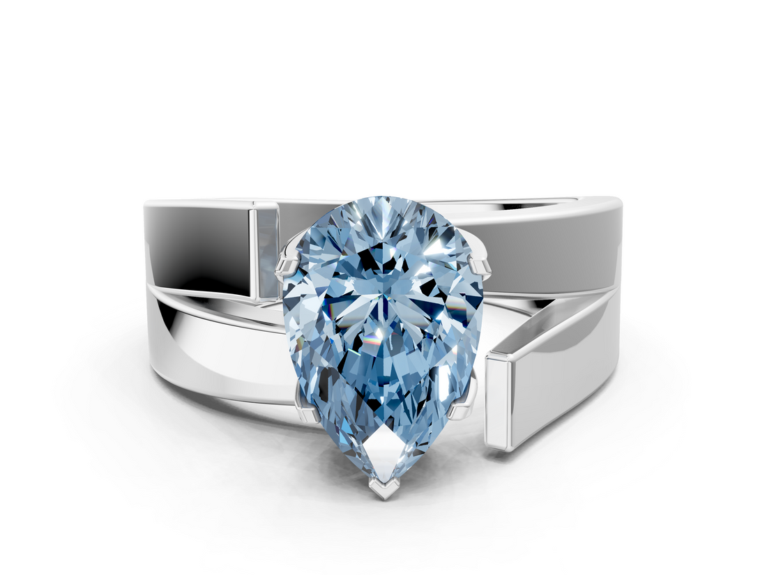 White gold Modern Tension Set Fancy Blue Pear  Solitaire Wide Band Ring_92