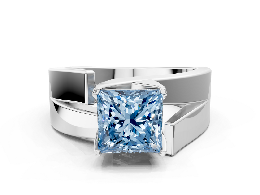 White gold Modern Tension Set Fancy Blue Princess  Solitaire Wide Band Ring_79