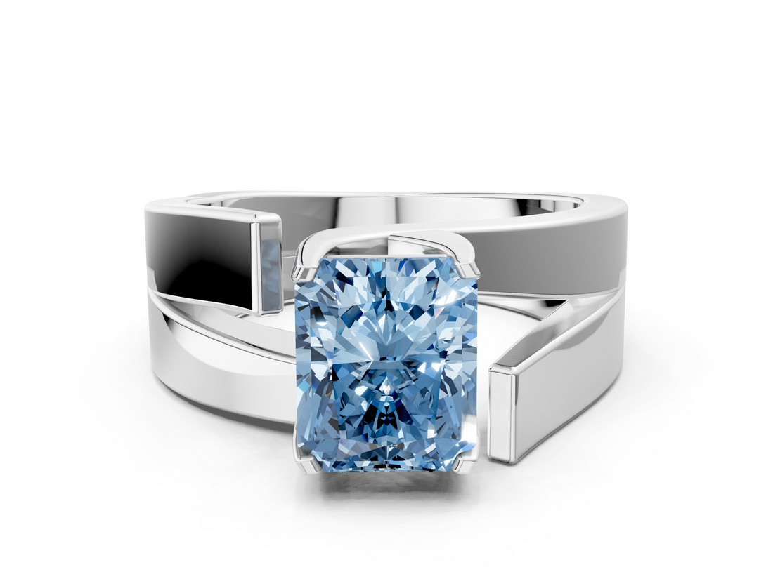 White gold Modern Tension Set Fancy Blue Radiant  Solitaire Wide Band Ring_112