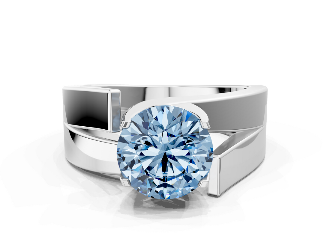 White gold Modern Tension Set Fancy Blue Round  Solitaire Wide Band Ring_77