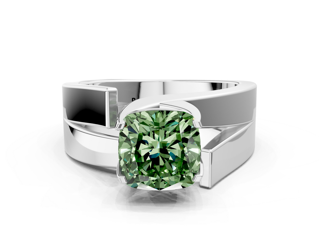 White gold Modern Tension Set Fancy Green Cushion  Solitaire Wide Band Ring_79