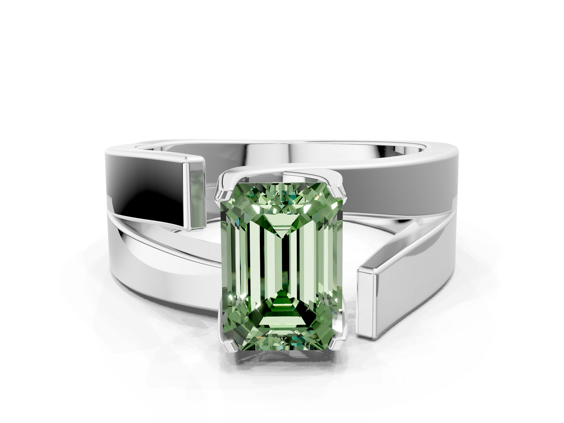 White gold Modern Tension Set Fancy Green Emerald  Solitaire Wide Band Ring_123