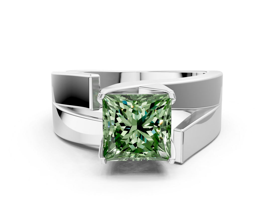 White gold Modern Tension Set Fancy Green Princess  Solitaire Wide Band Ring_17