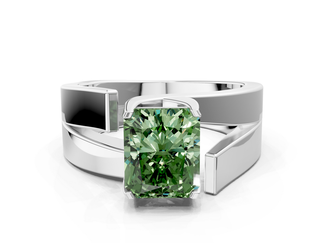 White gold Modern Tension Set Fancy Green Radiant  Solitaire Wide Band Ring_76