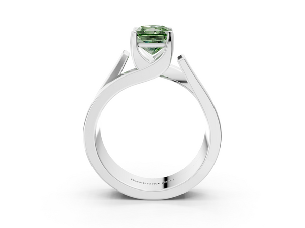 White gold Modern Tension Set Fancy Green Radiant Cut Diamond Solitaire Wide Band Ring