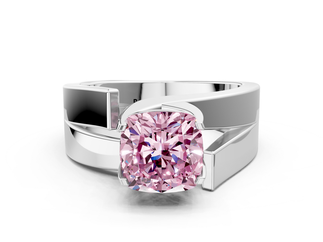 White gold Modern Tension Set Fancy Pink Cushion  Solitaire Wide Band Ring_79