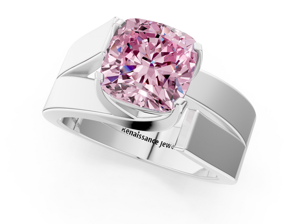 Platinum Modern Tension Set Fancy Pink Cushion Cut Diamond Solitaire Wide Band Ring