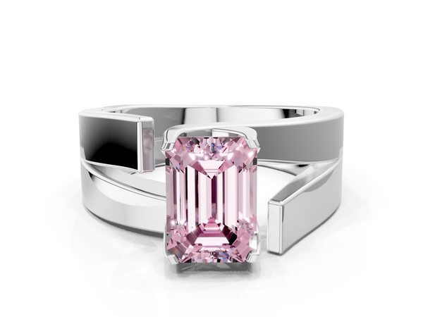 Platinum Modern Tension Set Fancy Pink Emerald Cut Diamond Solitaire Wide Band Ring