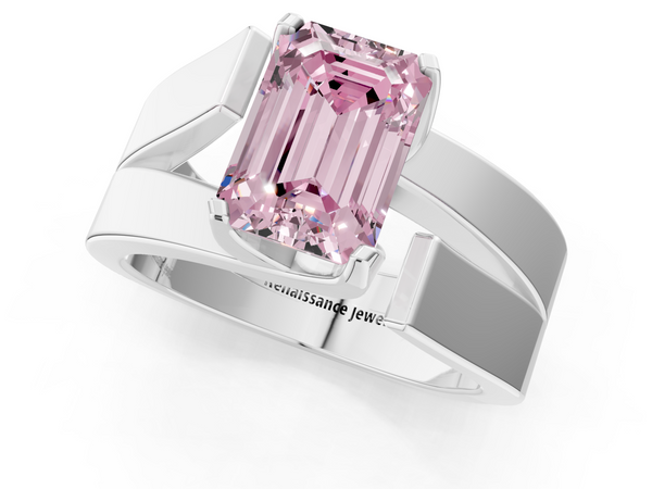 Platinum Modern Tension Set Fancy Pink Emerald Cut Diamond Solitaire Wide Band Ring