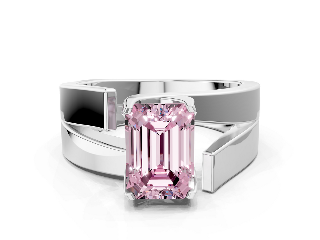 White gold Modern Tension Set Fancy Pink Emerald  Solitaire Wide Band Ring_116