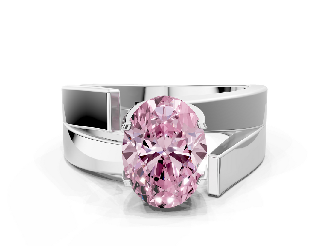 White gold Modern Tension Set Fancy Pink Oval  Solitaire Wide Band Ring_62