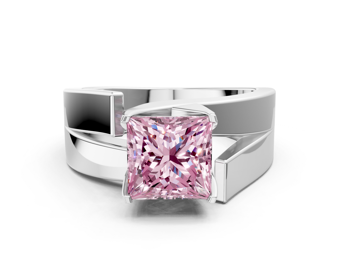 White gold Modern Tension Set Fancy Pink Princess  Solitaire Wide Band Ring_17