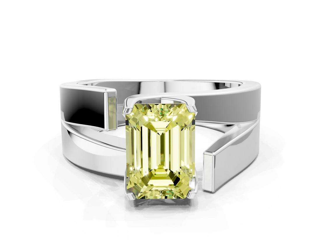 White gold Modern Tension Set Fancy Yellow Emerald  Solitaire Wide Band Ring_92