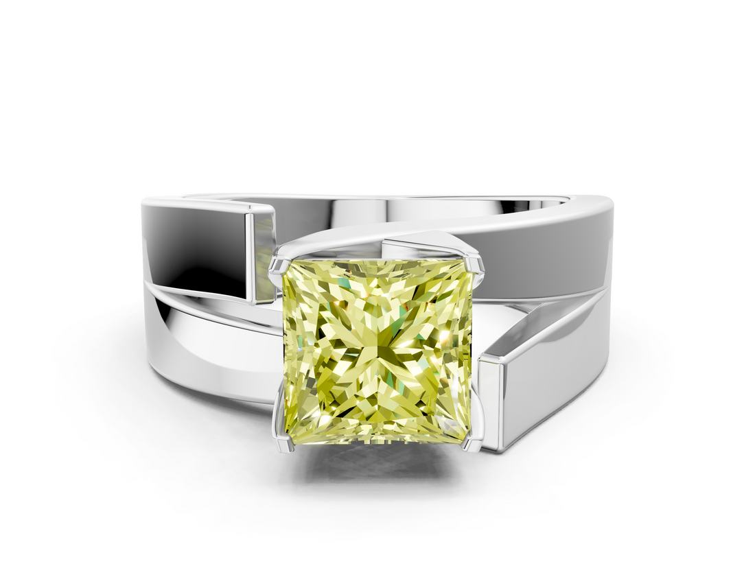 White gold Modern Tension Set Fancy Yellow Princess  Solitaire Wide Band Ring_17