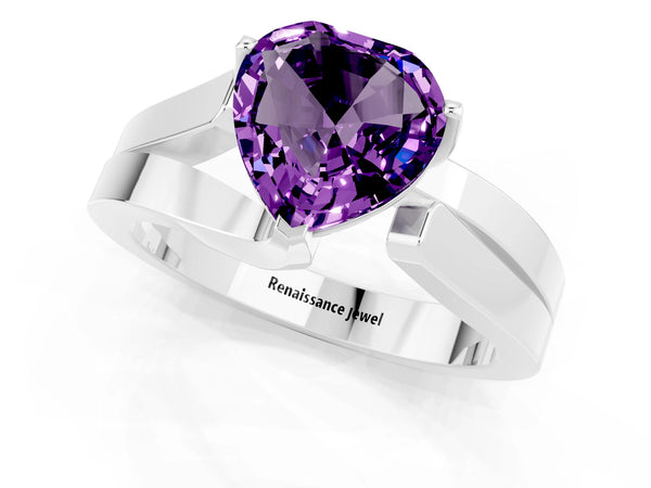 Platinum Modern Tension Set Heart Cut Amethyst Solitaire Wide Band Ring