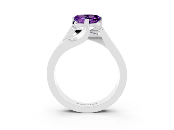 Platinum Modern Tension Set Heart Cut Amethyst Solitaire Wide Band Ring