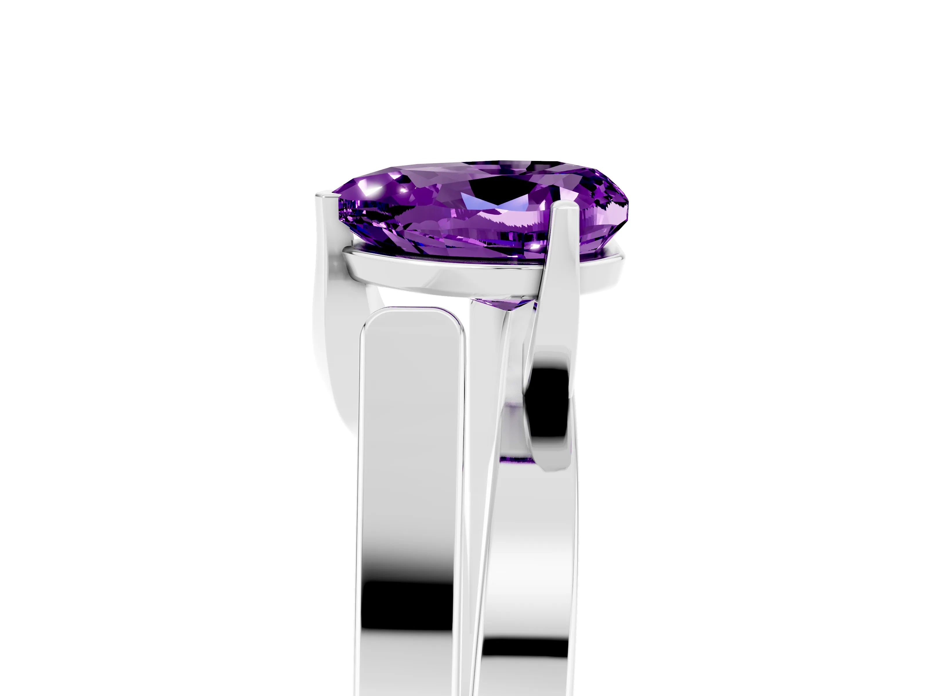 White gold Modern Tension Set Heart Cut Amethyst Solitaire Wide Band Ring_5