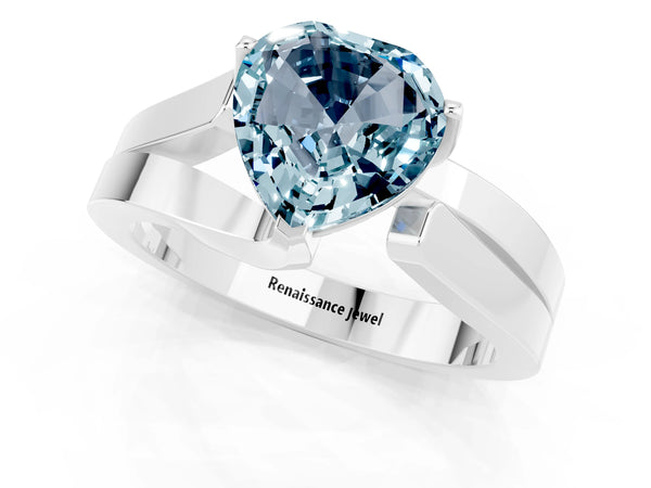 Platinum Modern Tension Set Heart Cut Aquamarine Solitaire Wide Band Ring
