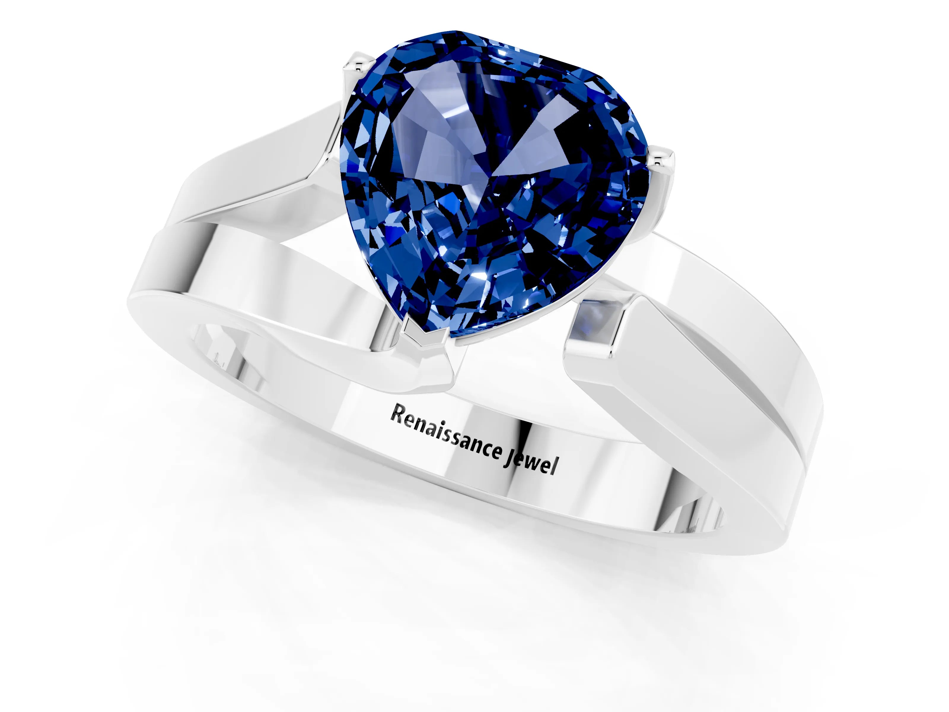 White gold Modern Tension Set Heart Cut Blue Sapphire Solitaire Wide Band Ring_1