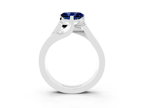 Platinum Modern Tension Set Heart Cut Blue Sapphire Solitaire Wide Band Ring