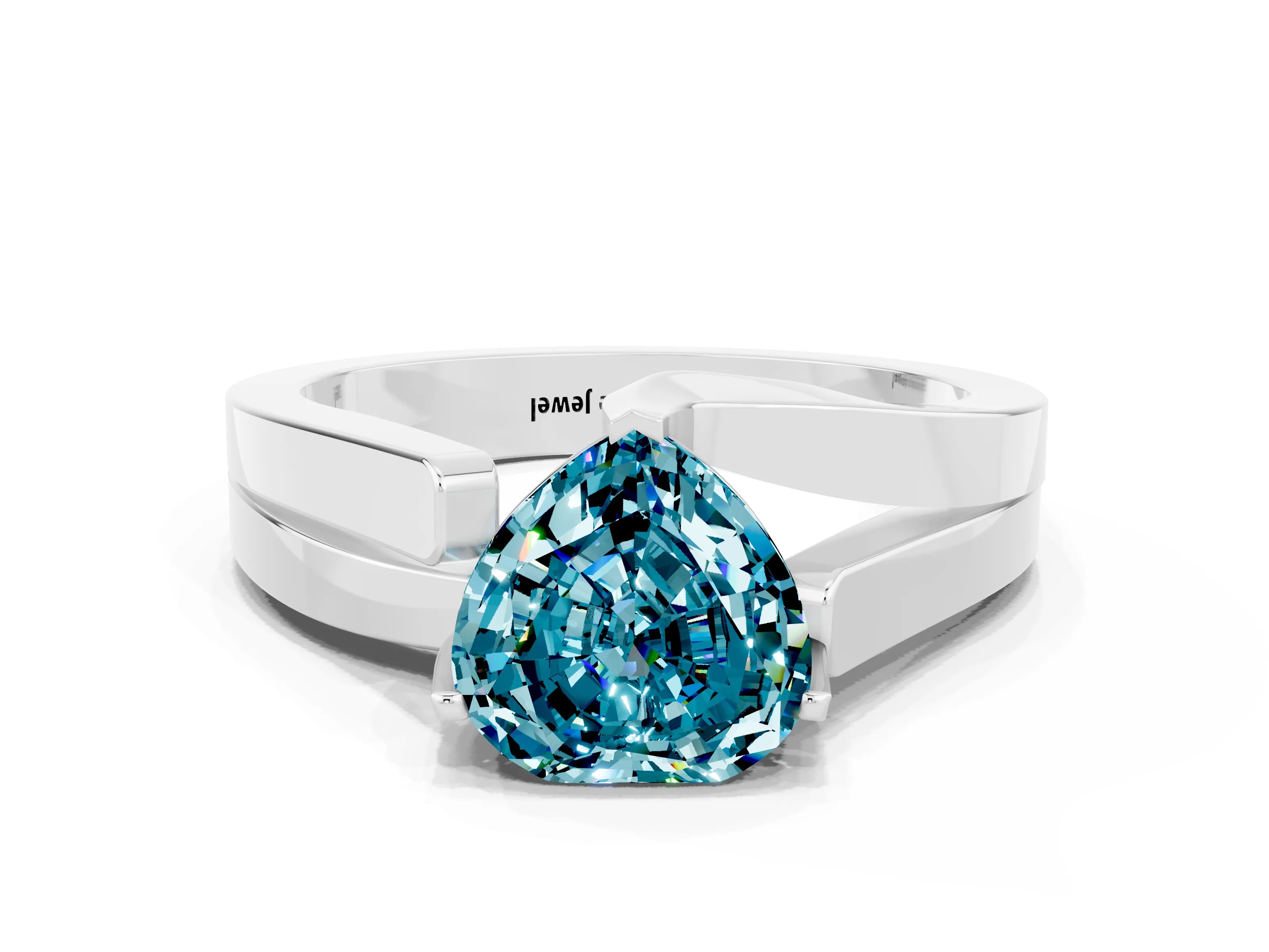 White gold Modern Tension Set Heart Cut Blue Topaz Solitaire Wide Band Ring