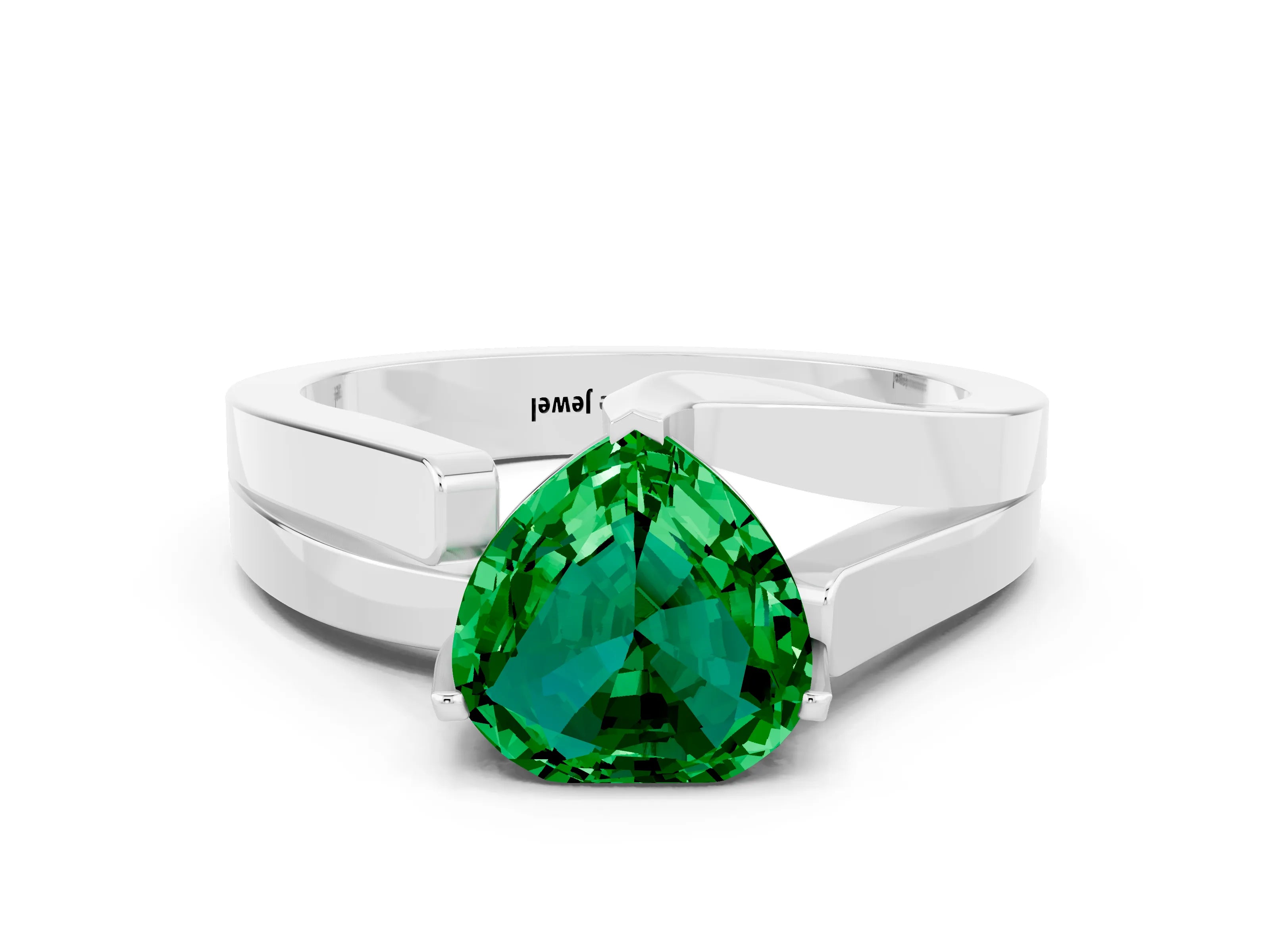 White gold Modern Tension Set Heart Cut Emerald Solitaire Wide Band Ring