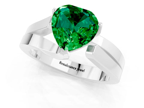 White gold Modern Tension Set Heart Cut Emerald Solitaire Wide Band Ring_1