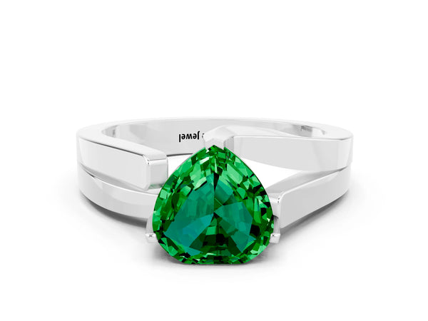 White gold Modern Tension Set Heart Cut Emerald Solitaire Wide Band Ring