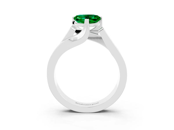Silver Modern Tension Set Heart Cut Emerald Solitaire Wide Band Ring