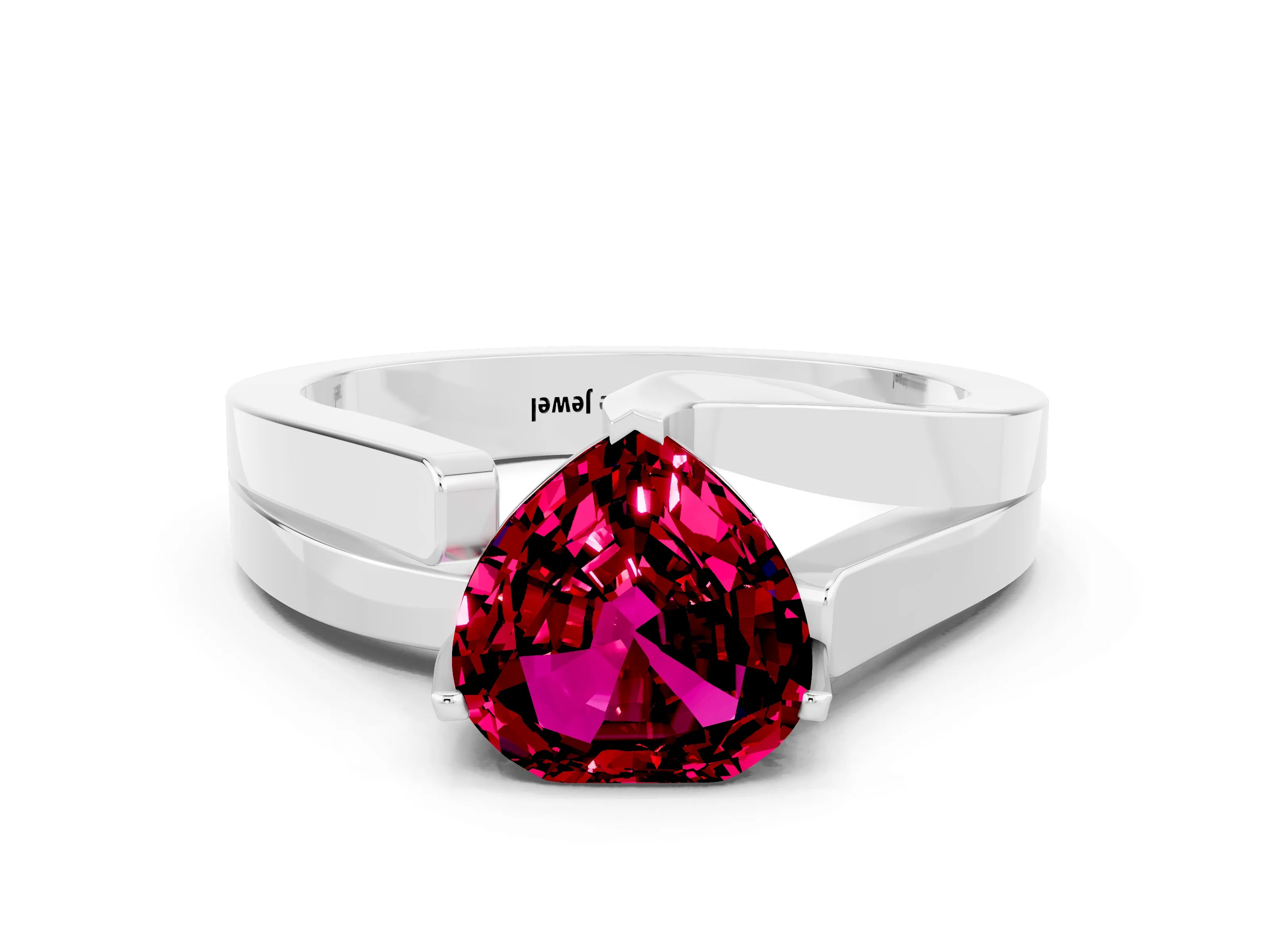 White gold Modern Tension Set Heart Cut Garnet Solitaire Wide Band Ring