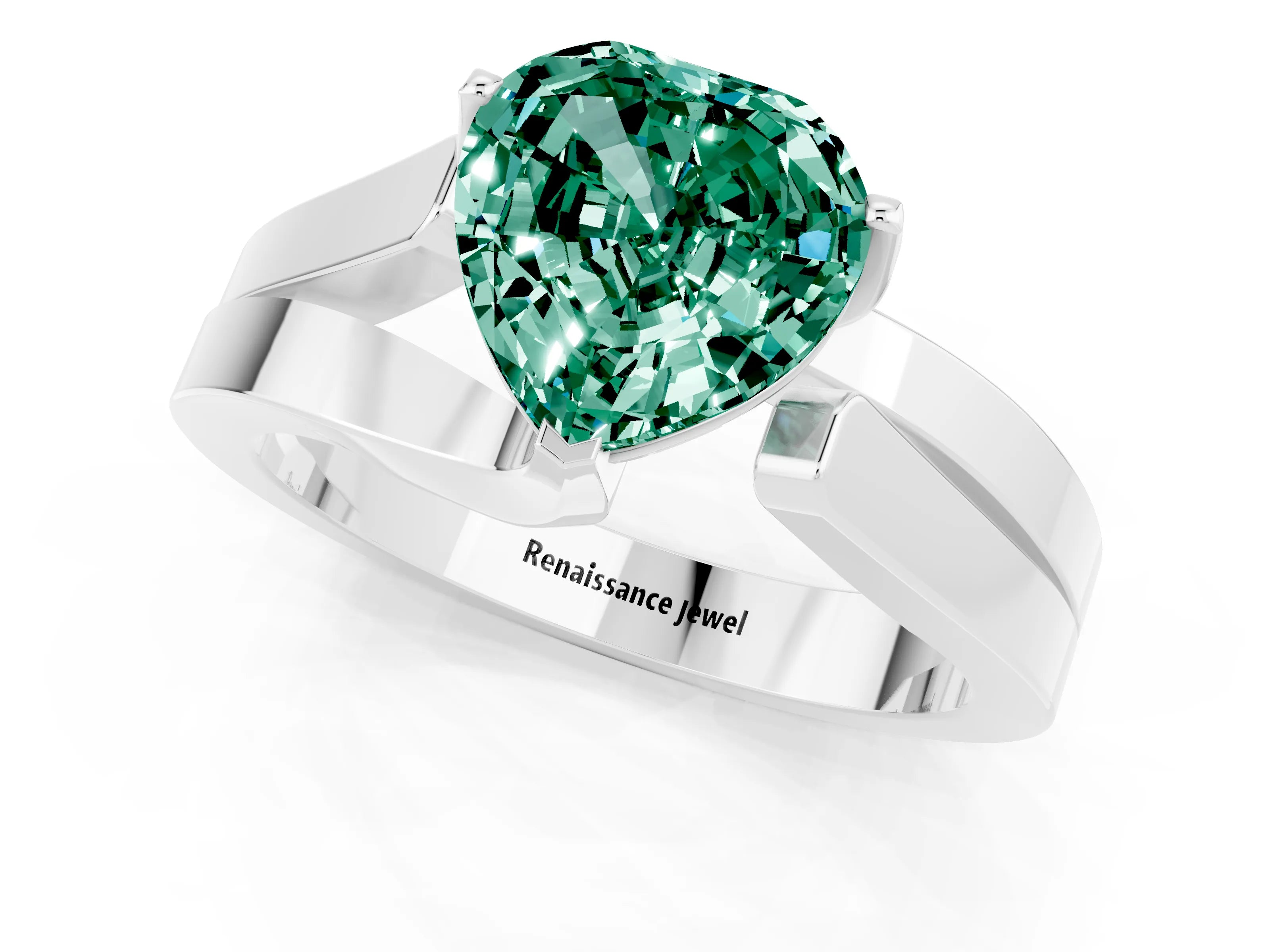 White gold Modern Tension Set Heart Cut Green Sapphire Solitaire Wide Band Ring_1