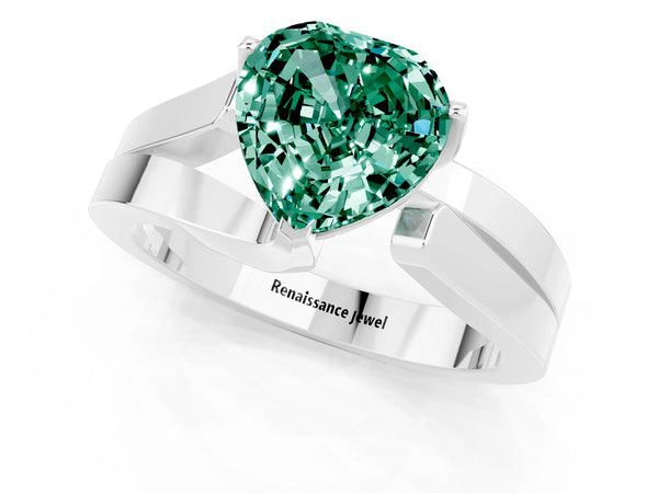 Platinum Modern Tension Set Heart Cut Green Sapphire Solitaire Wide Band Ring