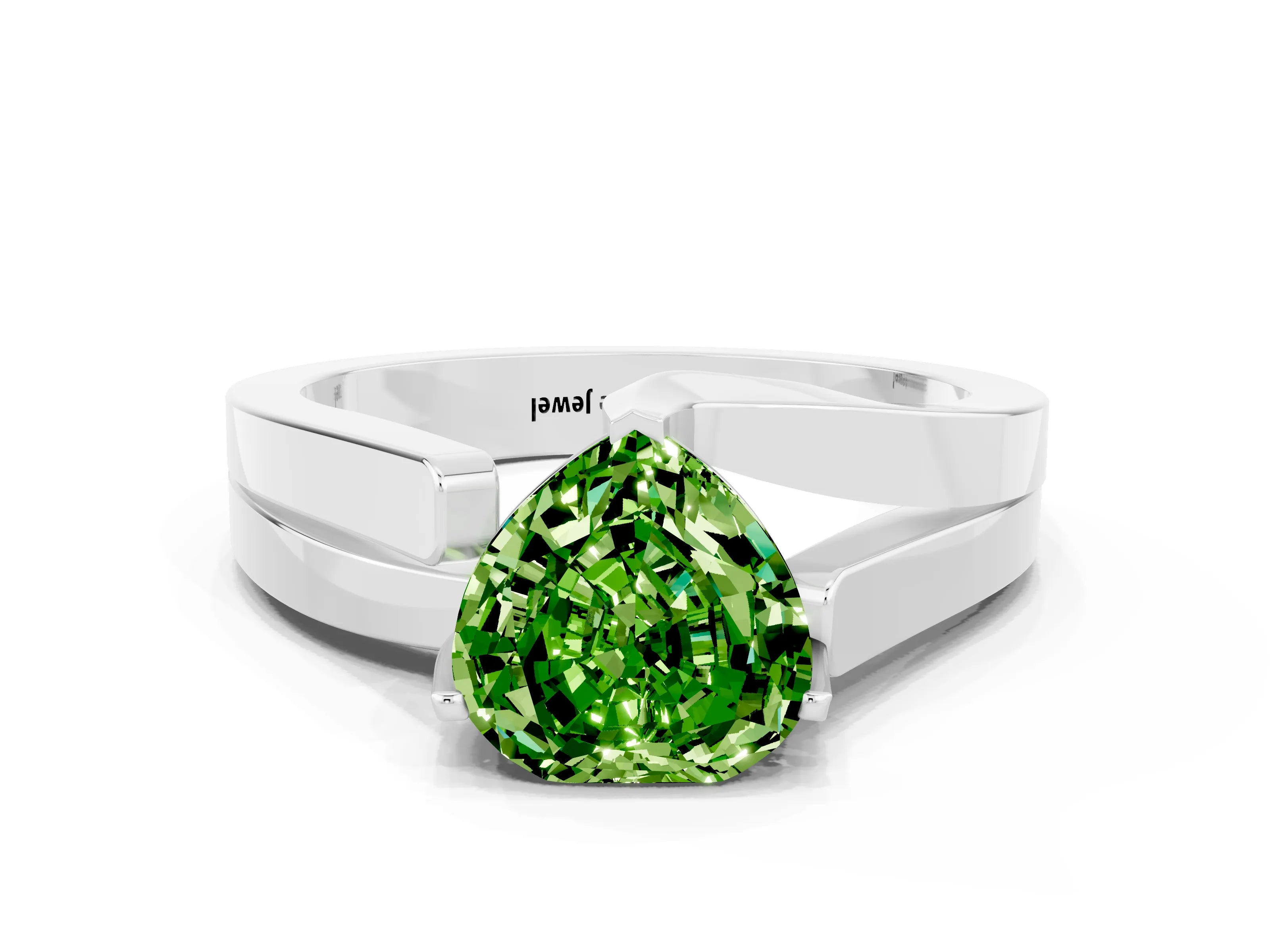 White gold Modern Tension Set Heart Cut Peridot Solitaire Wide Band Ring