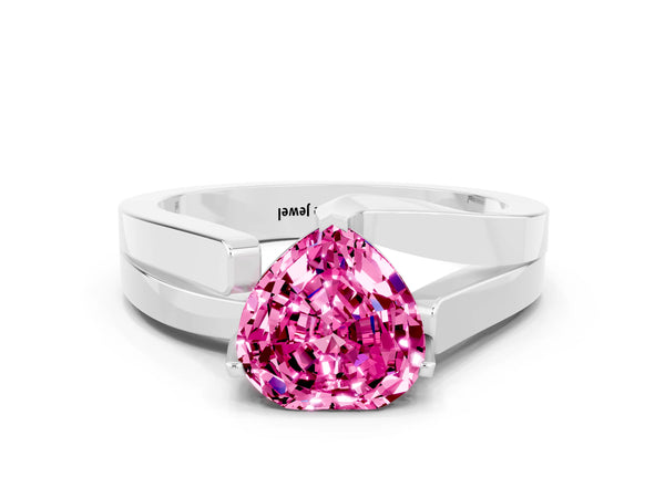 White gold Modern Tension Set Heart Cut Pink Sapphire Solitaire Wide Band Ring