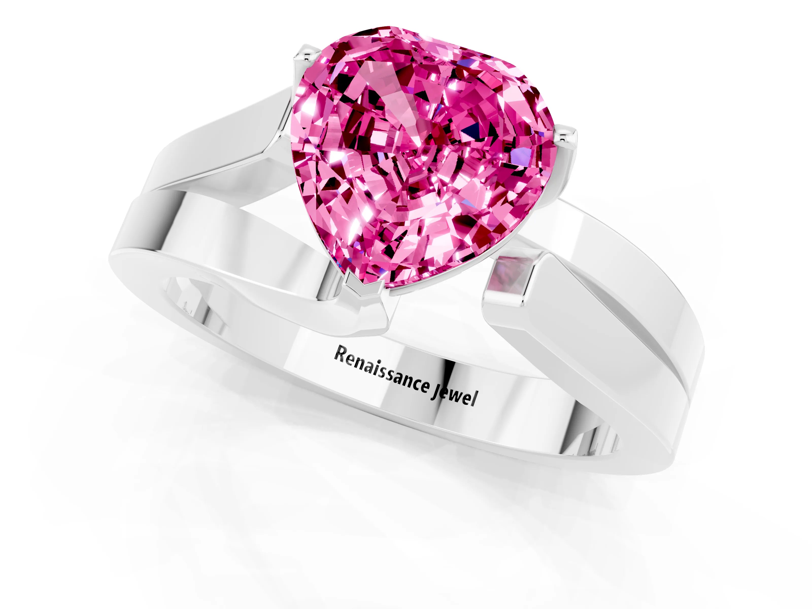 White gold Modern Tension Set Heart Cut Pink Sapphire Solitaire Wide Band Ring_13