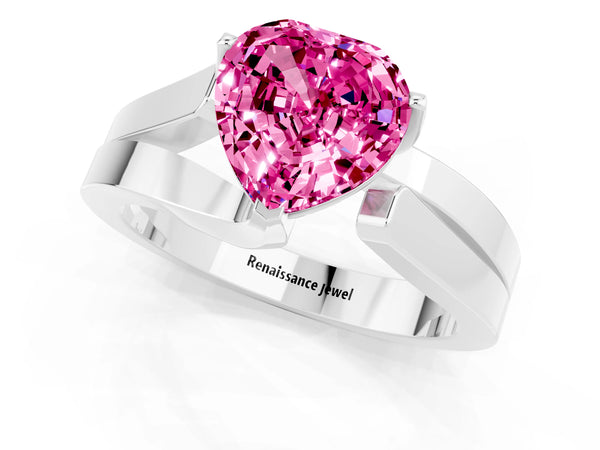 Silver Modern Tension Set Heart Cut Pink Sapphire Solitaire Wide Band Ring