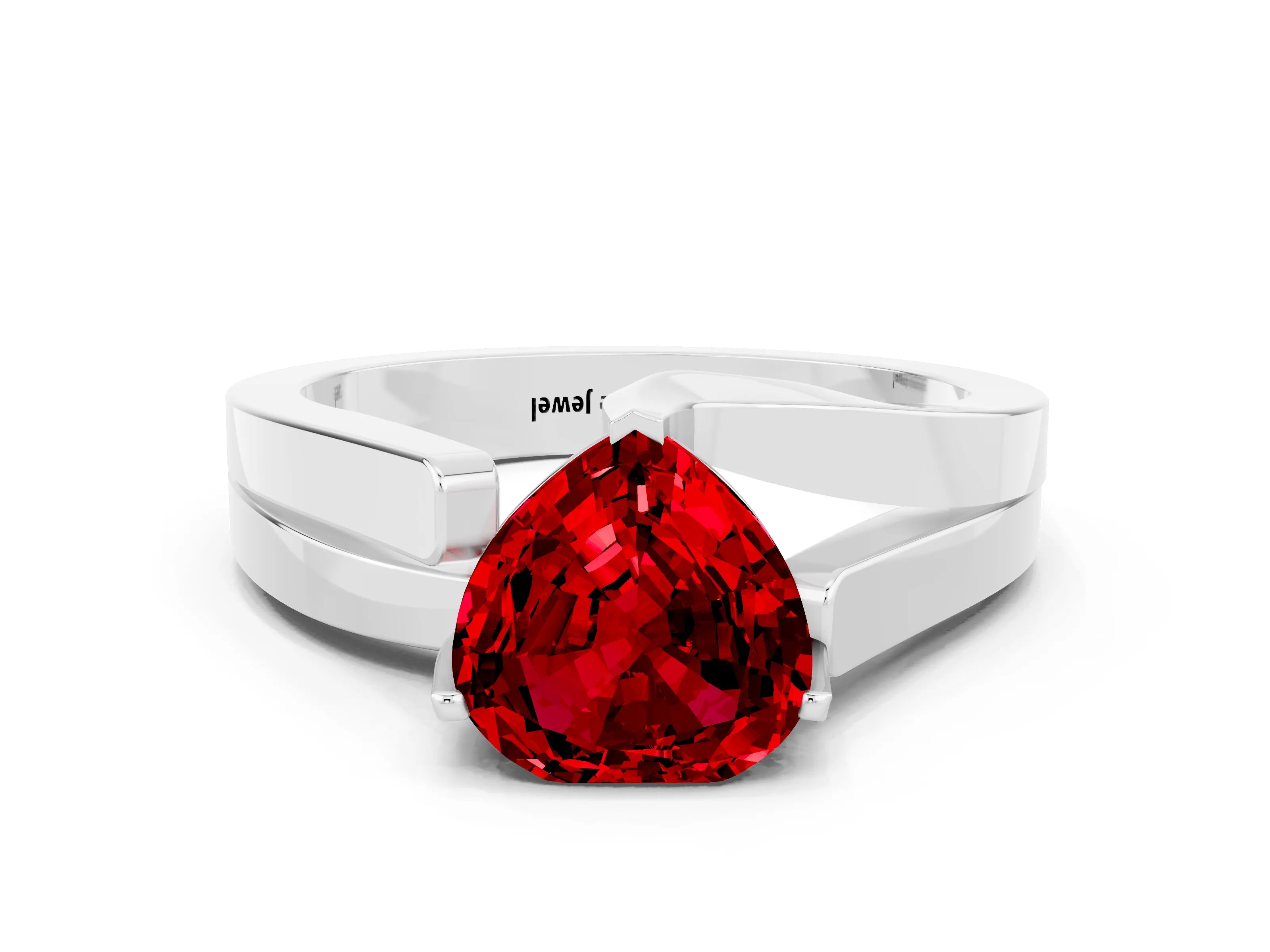 White gold Modern Tension Set Heart Cut Ruby Solitaire Wide Band Ring