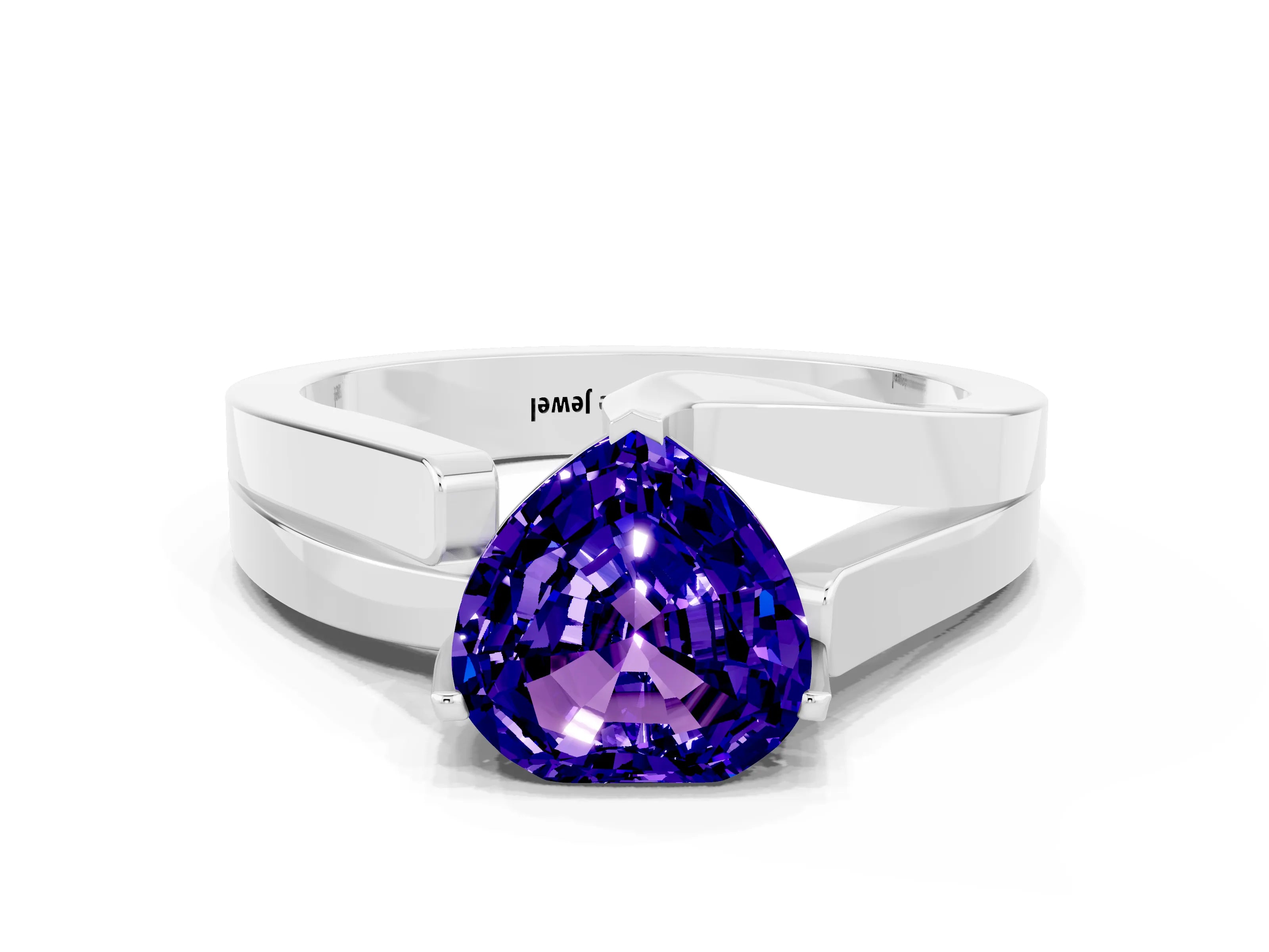 White gold Modern Tension Set Heart Cut Tanzanite Solitaire Wide Band Ring