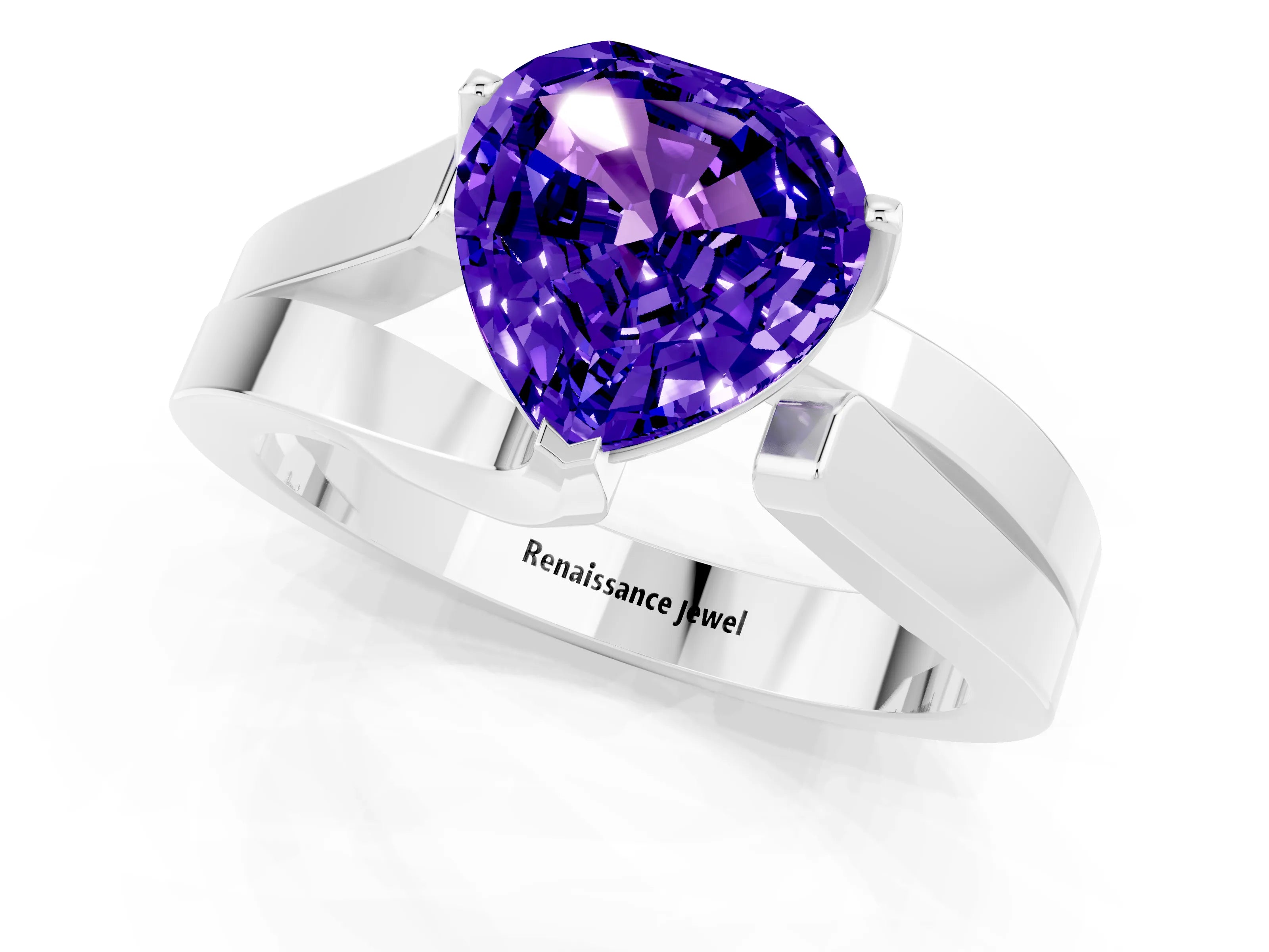 White gold Modern Tension Set Heart Cut Tanzanite Solitaire Wide Band Ring_1