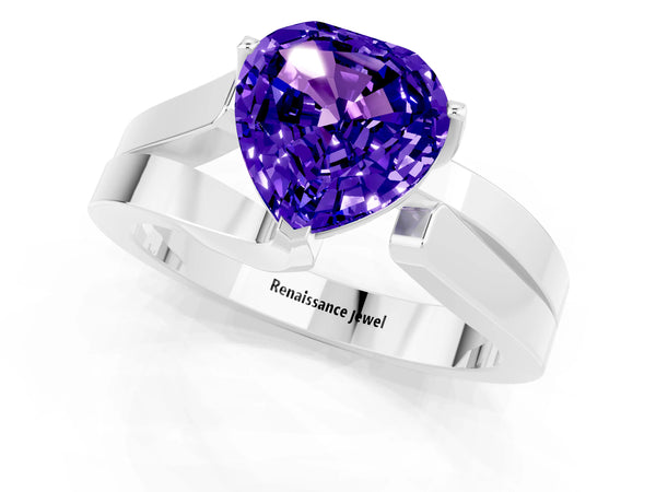 White gold Modern Tension Set Heart Cut Tanzanite Solitaire Wide Band Ring