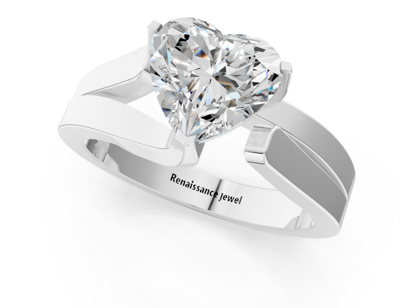White Gold Heart-Shaped Solitaire Engagement Ring Setting with Wide Stepped Bypass Band