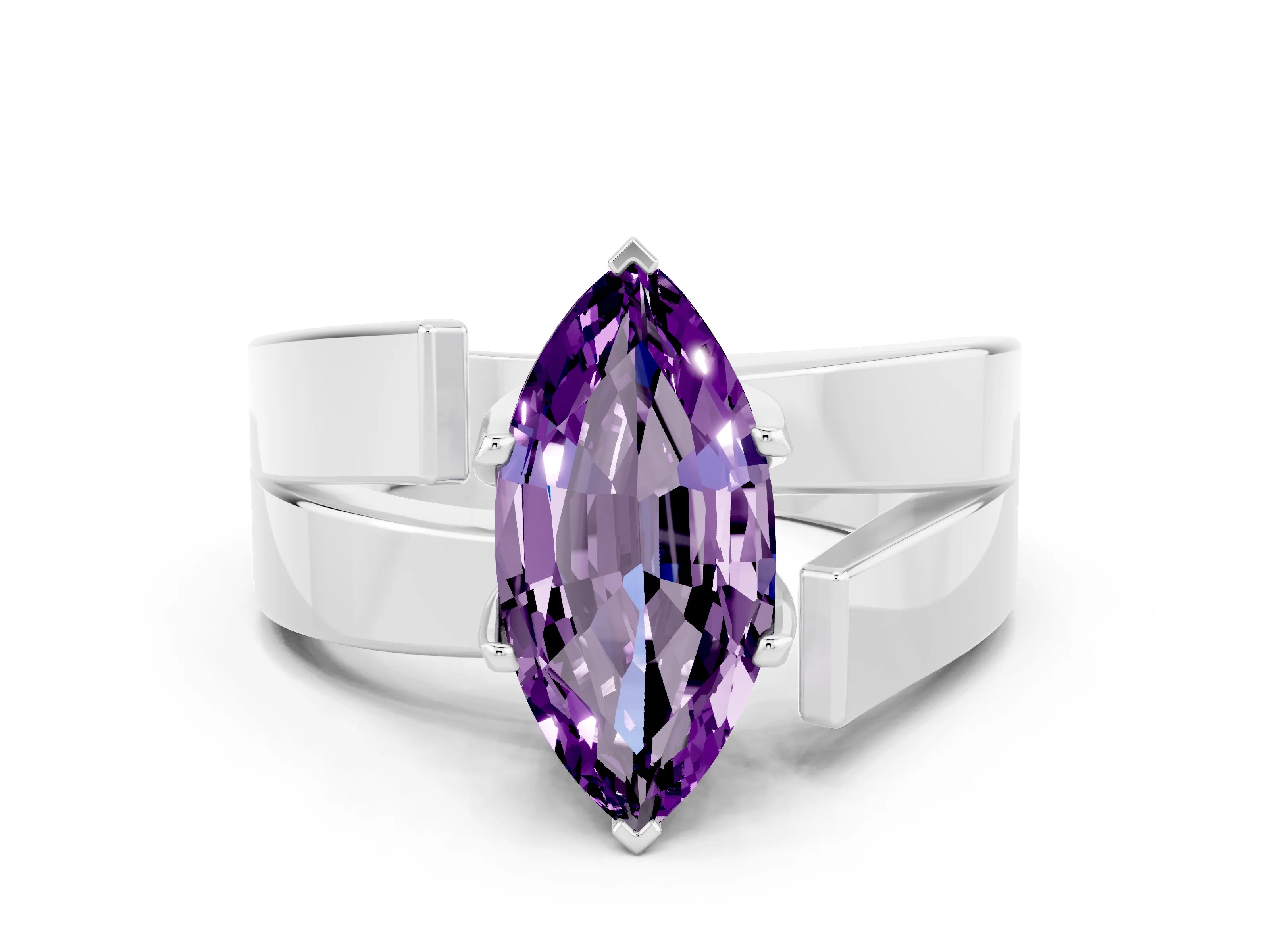 White gold Modern Tension Set Marquise Cut Amethyst Solitaire Wide Band Ring