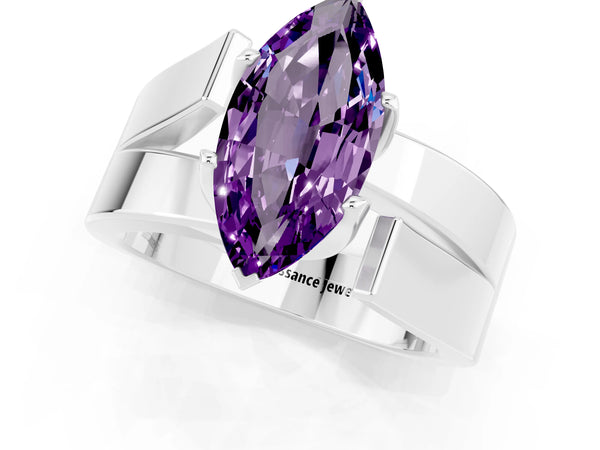 Silver Modern Tension Set Marquise Cut Amethyst Solitaire Wide Band Ring