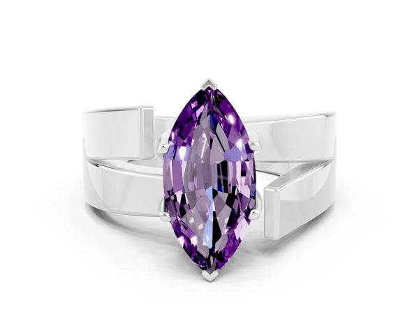 Silver Modern Tension Set Marquise Cut Amethyst Solitaire Wide Band Ring