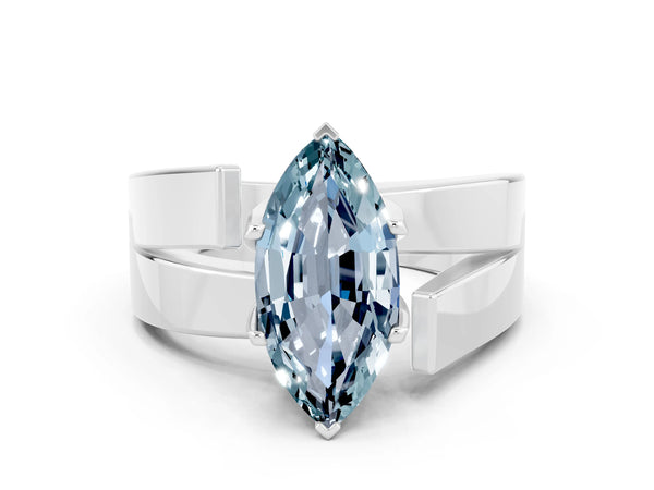 Platinum Modern Tension Set Marquise Cut Aquamarine Solitaire Wide Band Ring