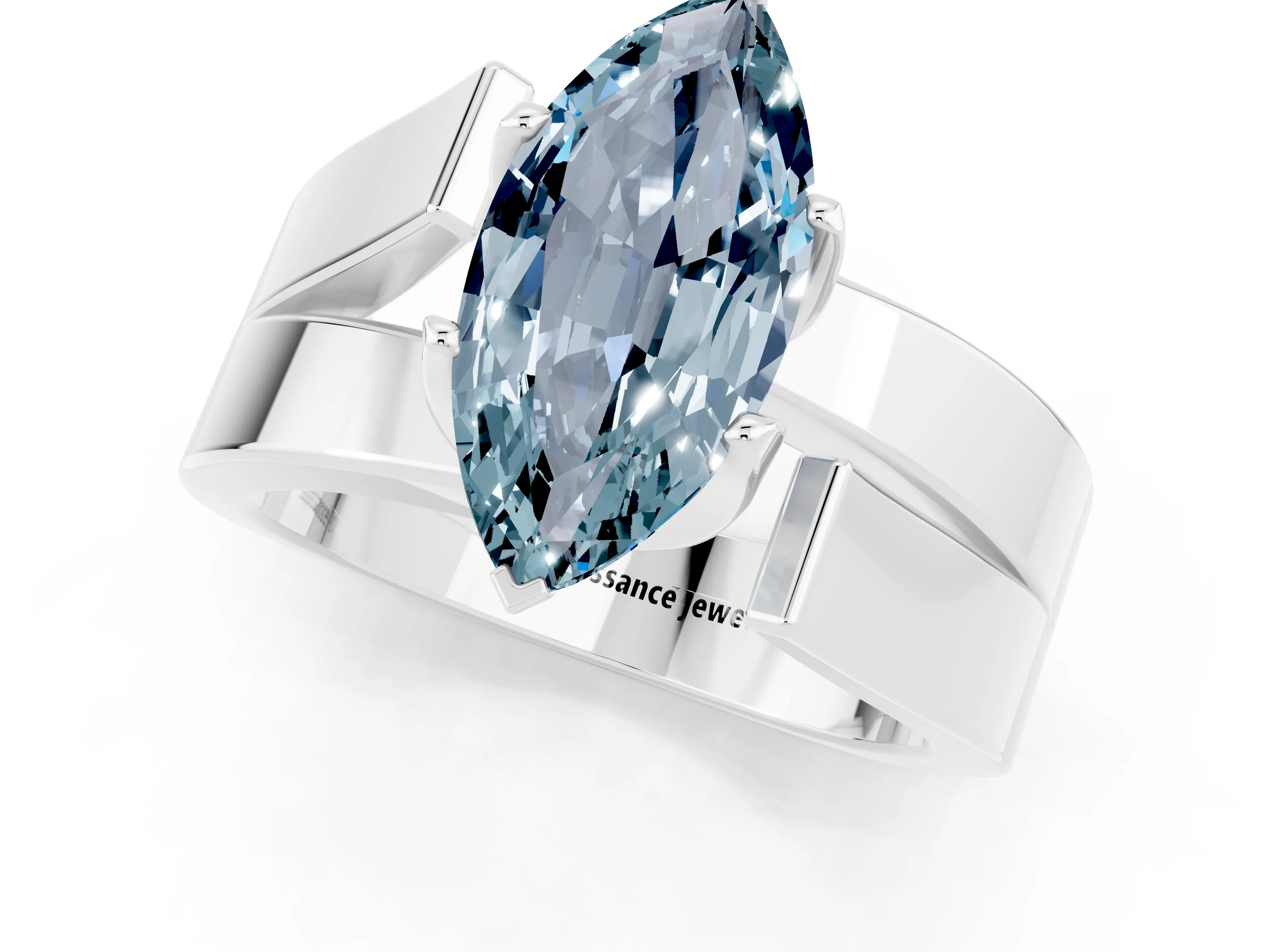 White gold Modern Tension Set Marquise Cut Aquamarine Solitaire Wide Band Ring_1