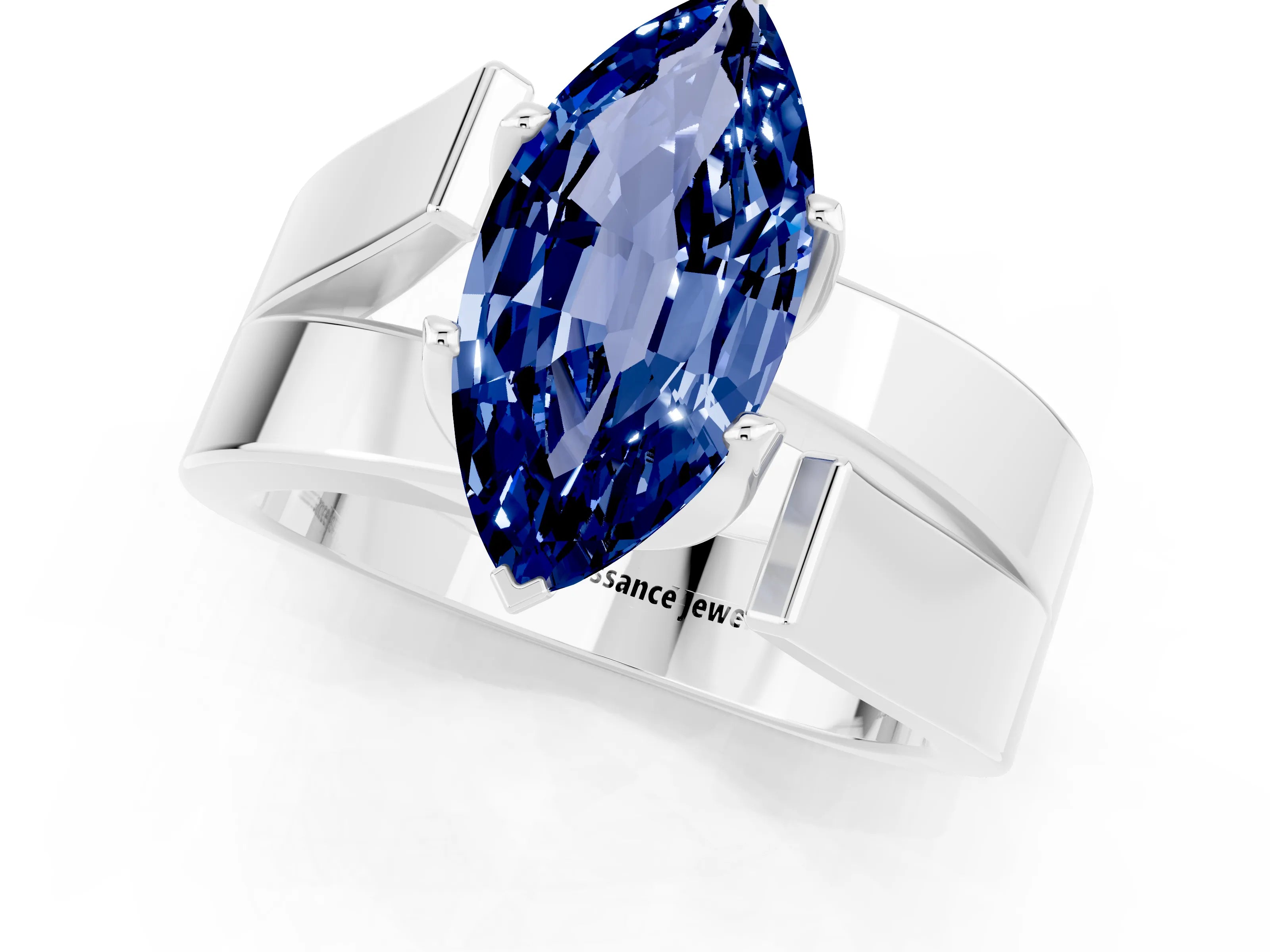 White gold Modern Tension Set Marquise Cut Blue Sapphire Solitaire Wide Band Ring_1