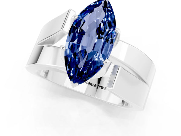 White gold Modern Tension Set Marquise Cut Blue Sapphire Solitaire Wide Band Ring